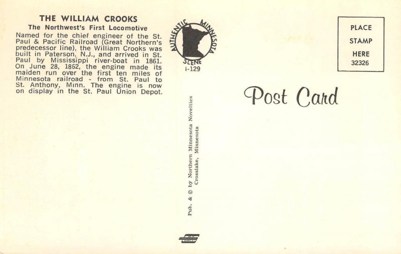 William Crooks Train St. Paul & Pacific Railroad Minnesota '60s Vintage Postcard