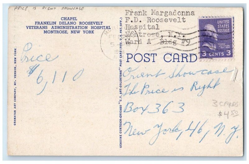 1958  Chapel Franklin Delano Roosevelt Hospital Montrose New York NY Postcard