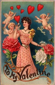 Valentine's Day Postcard Cupid Cherubs Blowing Heart Bubbles Woman Roses