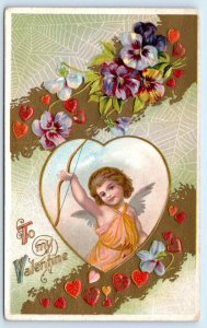 VALENTINE Greeting ~ CUTE CUPID With BOW ~  c1910s Embossed Postcard