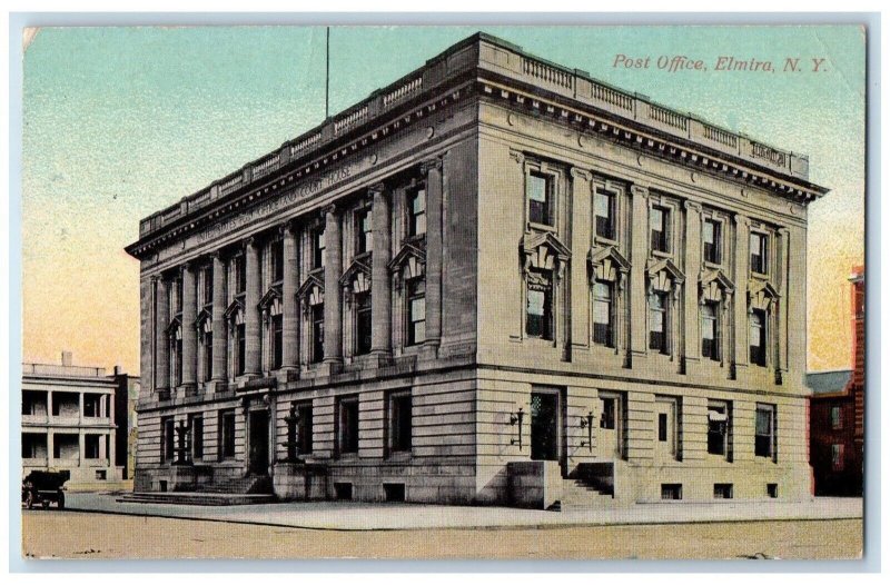 1913 Post Office Elmira Exterior Building Street Road New York Vintage Postcard 