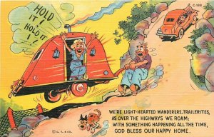 Postcard 1930s Ray Walters travel Trailer Comic humor Teich linen TP24-3006