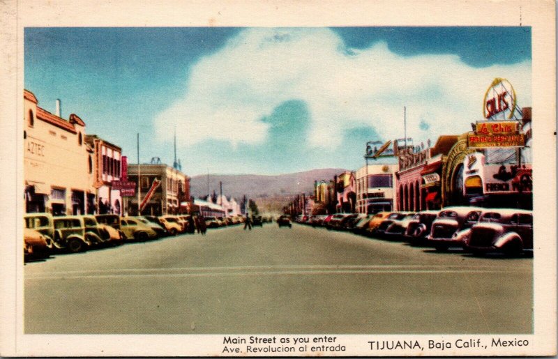 Vtg Tijuana Mexico Main Street View Baja California Old Cars Postcard