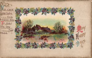 Vintage Postcard 1912 Many Happy Days Landscape Flower Petals Border House