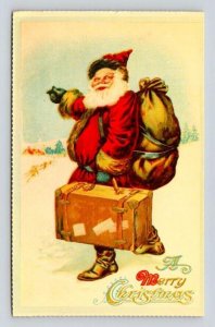 Merry Christmas Santa Traveling With Suitcase - Merrimack Replica Postcard