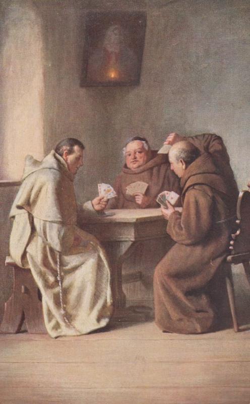 Monk Monks in Monastry Playing Bridge Card Games  Ernest Nister Antique Postcard