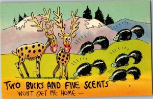 Deer and Skunks, Two Bucks and Five Scents Comic Vintage Postcard D47