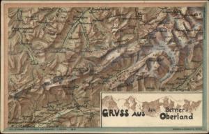 Detailed Relief Map Gruss Aus dem Berner Oberland Switzerland c1900 Postcard