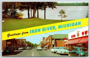 Iron River Michigan Banner~Genesee Street Red Owl Store~Hagerman Lake~1950s Cars 