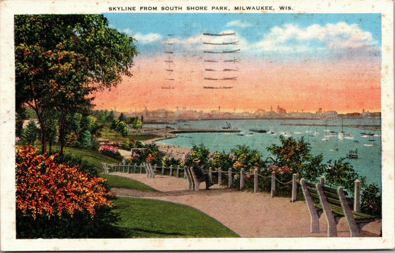 Vtg 1930's Skyline From South Shore Park Milwaukee Wisconsin WI Linen Postcard