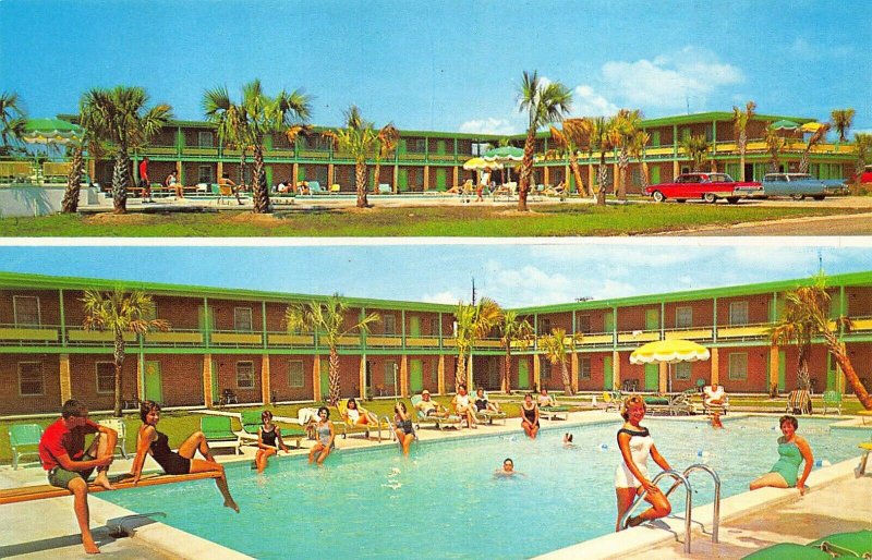 Myrtle Beach SC Hillcrest Motel Split View Old Cars Busy Swimming Pool Postcard