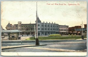 QUAKERTOWN PA BUCKS COUNTY FRONT & WEST BROAD STREETS 1938 VINTAGE POSTCARD