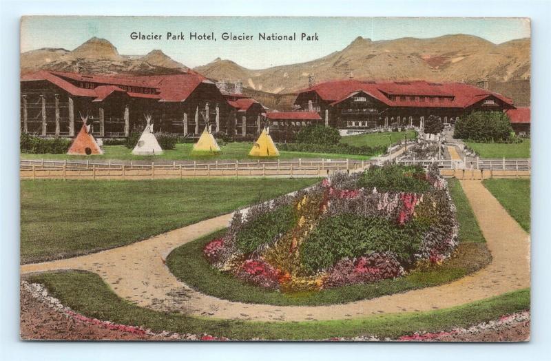Postcard WY Glacier National Park Glacier Park Hotel Hand Colored c1930s J10
