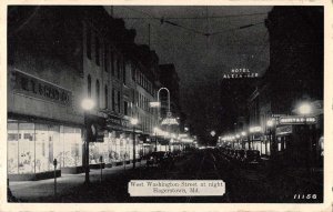 Hagerstown Maryland West Washington Street at Night Vintage Postcard AA15970