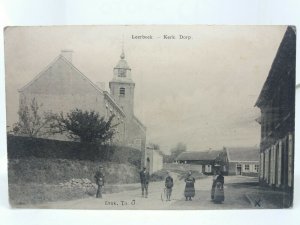 Villagers in the Street Leerbeck Belgium Antique Postcard 1918 Church & Village
