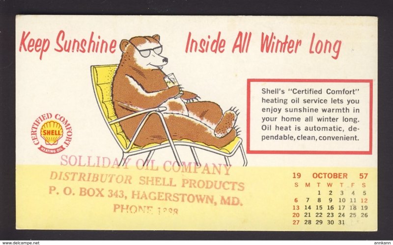 Hagerstown, MD USA - SHELL OIL logo - heating oil, bear sunglasses 1957 Oct.