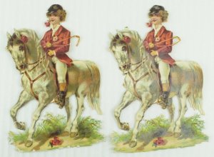 1890's Lovely Die Cut Girl Riding Horse Victorian Cards Lot of 2 PD77