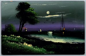 Postcard c1920s Hand Painted Scenic View at Night Sailboat