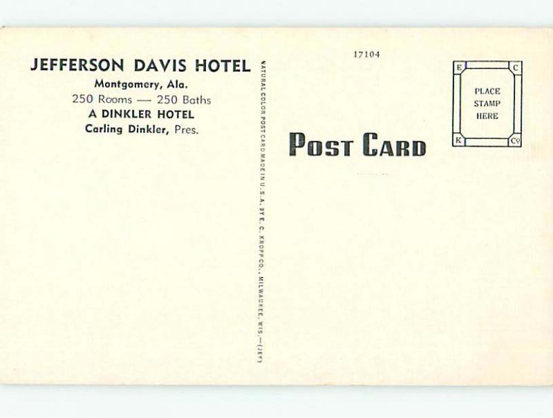 Unused Linen OLD CARS & JEFFERSON DAVIS HOTEL Montgomery Alabama AL t0411