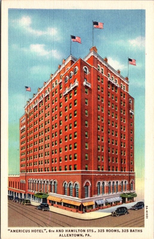 Linen Postcard Americus Hotel 6th and Hamilton Streets in Allentown Pennsylvania