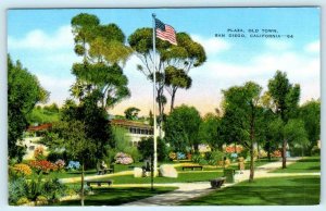 SAN DIEGO, California CA  Flag at PLAZA in OLD TOWN ca 1940s Linen Postcard