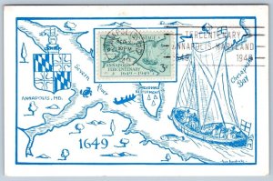 1949 ANNAPOLIS MD MAP TERCENTENARY FIRST DAY STAMP VINTAGE POSTCARD