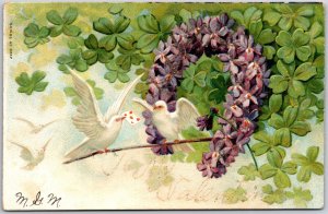 To My Valentine, White Doves, Envelope, Purple Floral Wreath & Clover, Postcard