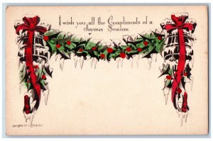 EB Scofield Signed Postcard Christmas Holly Berries Ringing Bells Red Ribbon