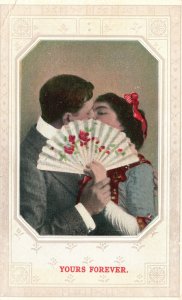 Vintage Postcard Lovers Couple Kissing Face Covered With Fan Sweet Romance