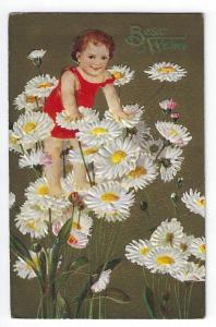 Vintage Greetings Post Card With Best Wishes, Boy in The Daisies, 1911