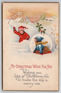 Christmas Wishes Children Playing In The Snow Postcard U26