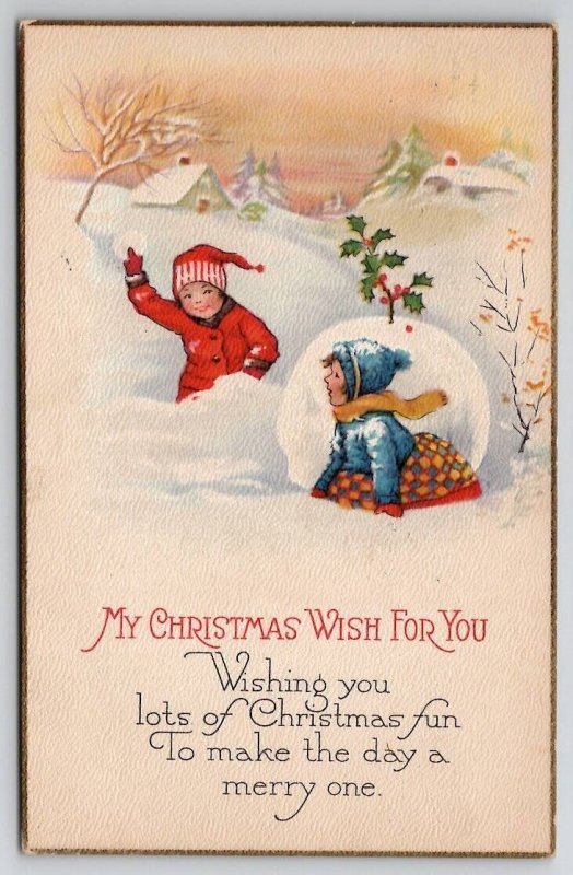 Christmas Wishes Children Playing In The Snow Postcard U26