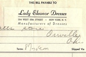 1937 LADY ELEANOR DRESSES 35th ST NEW YORK NY BILLHEAD INVOICE Z2263