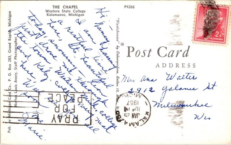 Chapel Western State College Kalamazoo Michigan MI Postard PM Cancel WOB Note