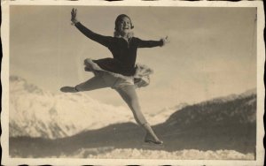 St Moritz Dorf Switzerland Ice Skater Skating Dancing Leap RPPC Vintage PC