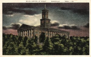 Nashville TN-Tennessee State Capitol Building At Night Building Vintage Postcard
