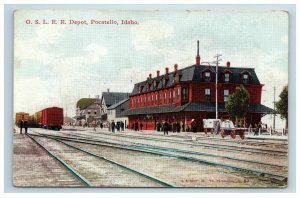 1911 O.S.L.R.R. Depot Pocatello ID Postcard Idaho Railroad Tracks Trains People