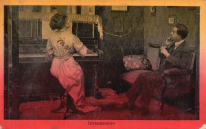 Vintage Postcard 1911 Intermission Man Sitting Beside Woman Playing Piano Art