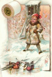 1880s-90s J&P Coats Best Six Cord White Black & Colors Boy in Snow with Ducks