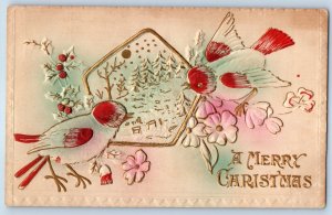 c1910's Christmas Song Birds And Flowers Berries Airbrushed Embossed Postcard