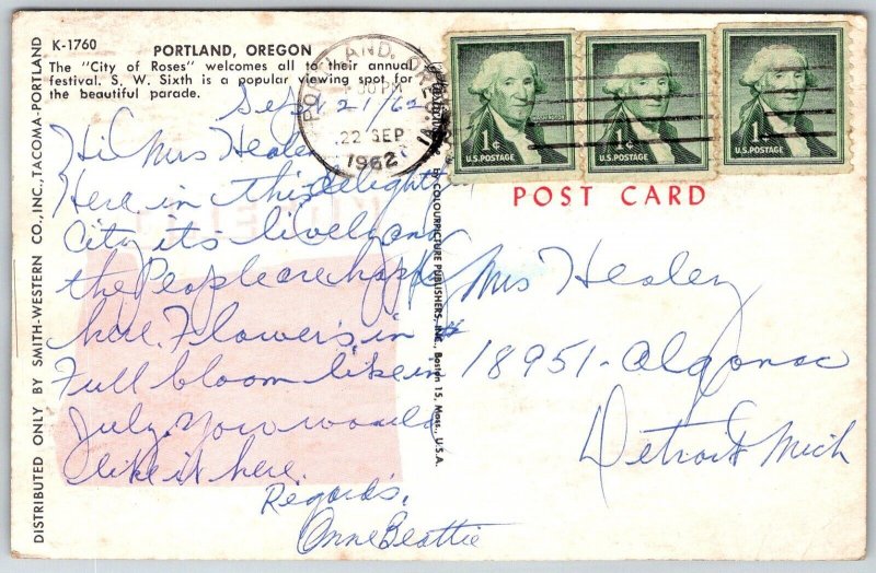 Portland Oregon 1962 Postcard Street Scene Chevron Greyhound Bus Depot