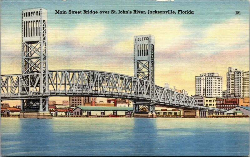 Vtg 1930s St Johns River Main Street Bridge Jacksonville Florida FL Postcard