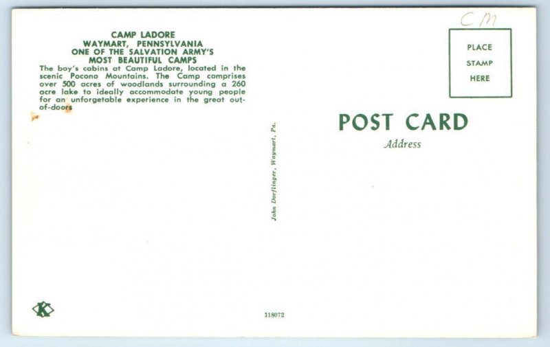 WAYMART, PA~ Boy's Cabins CAMP LADORE Salvation Army 1960s Wayne County Postcard