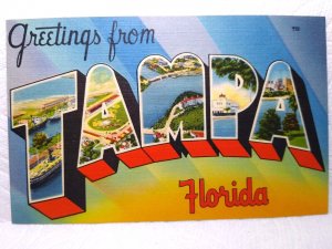 Greetings From Tampa Florida Large Letter Linen Postcard Tichnor Bros Unused