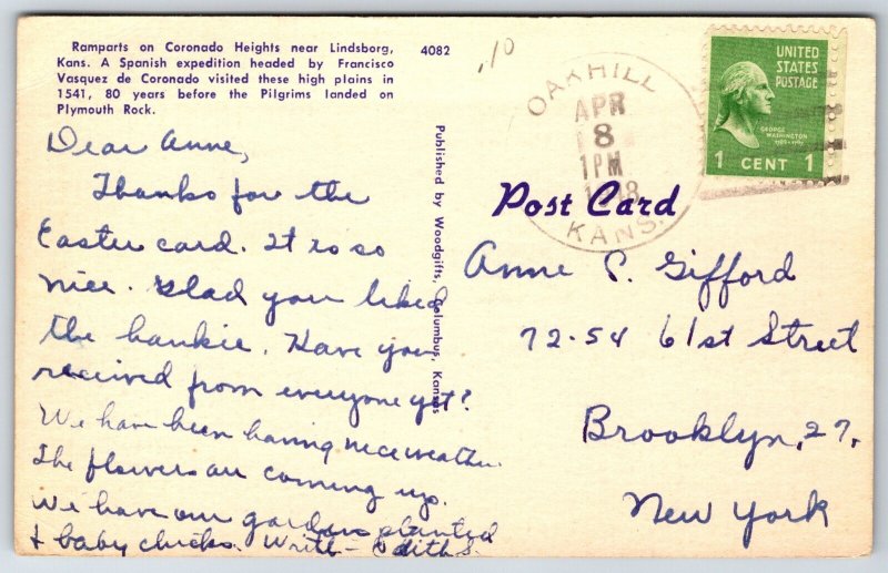 Lindsborg Kansas~Coronado Heights Ramparts & Picnic Table~PM 1948~Linen Postcard