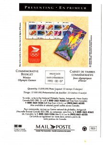 Winter Olympic Games, Canada Post, 1992, Commemorative Stamp Booklet on Postcard