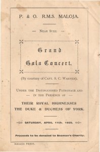 RMS Maloja 1925 P&O Ship Concert Duke Duchess Of York Programme