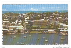 Aerial view of the Bermudian Hotel and waterfront, Bermuda, 50-70s