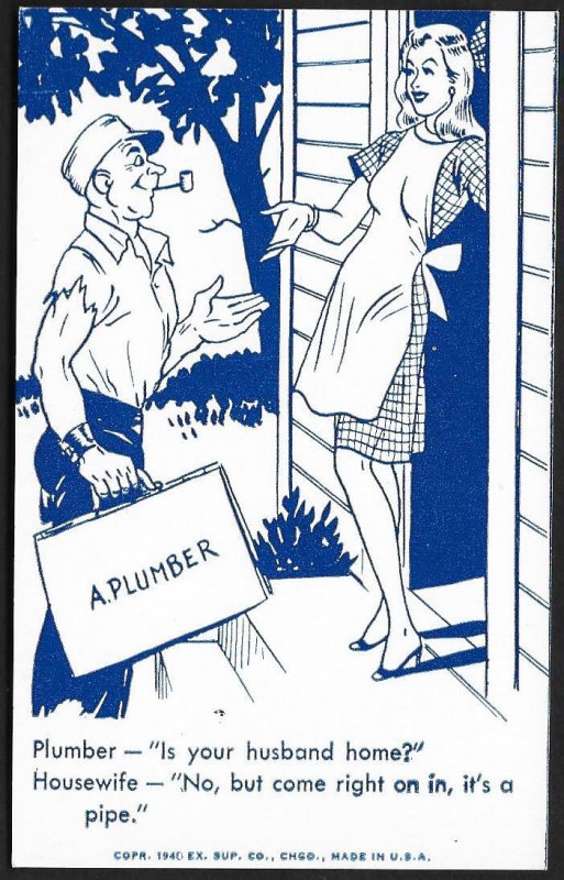 ARCADE CARD Pretty Lady & Plumber Is Your Husband Home No But....Unused c1940s