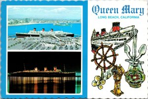 VINTAGE CONTINENTAL SIZE POSTCARD THE QUEEN MARY OCEAN LINER AT LONG BEACH CA